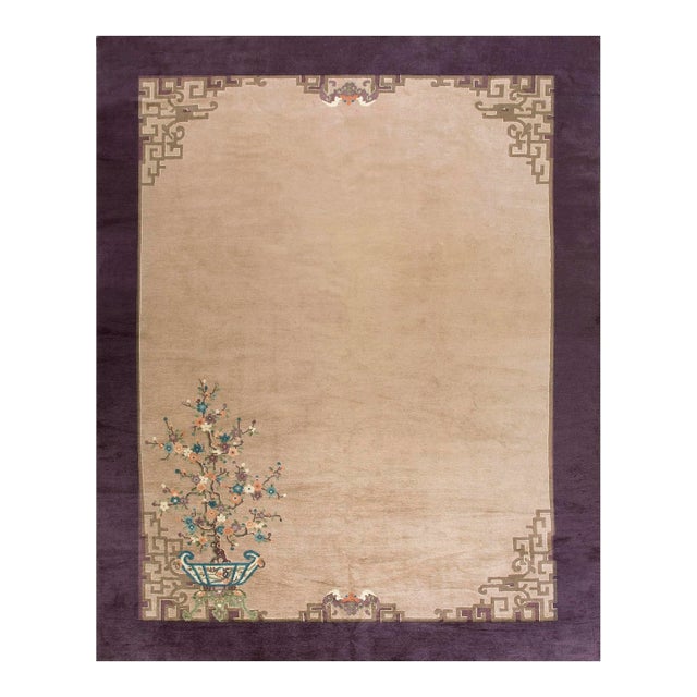1920s Tan Sand Chinoiserie Antique Chinese Art Deco Carpet 9'3'' X 11'8' Wool Knotted Rug For Sale