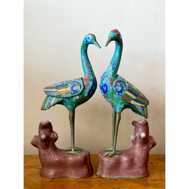 Vintage Asian Cloisonné Enameled Cranes - Set of 2 For Sale In West Palm - Image 6 of 10