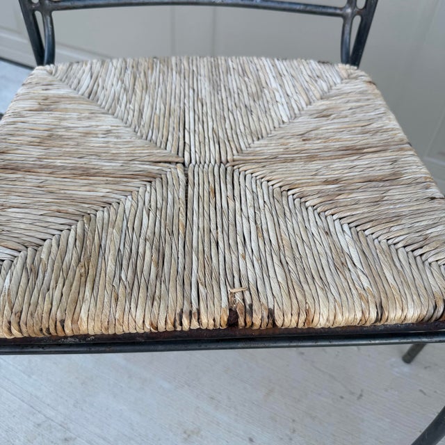 Rustic Mid 20th Century Steel and Rush Curved Armchairs Stackable Set of 6 For Sale - Image 3 of 12