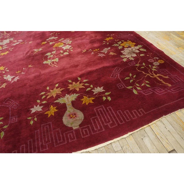 Adorable Red-Maroon Background Asymmetric Detail Floral Desing Antique Chinese Art Deco Rug For Sale - Image 9 of 9