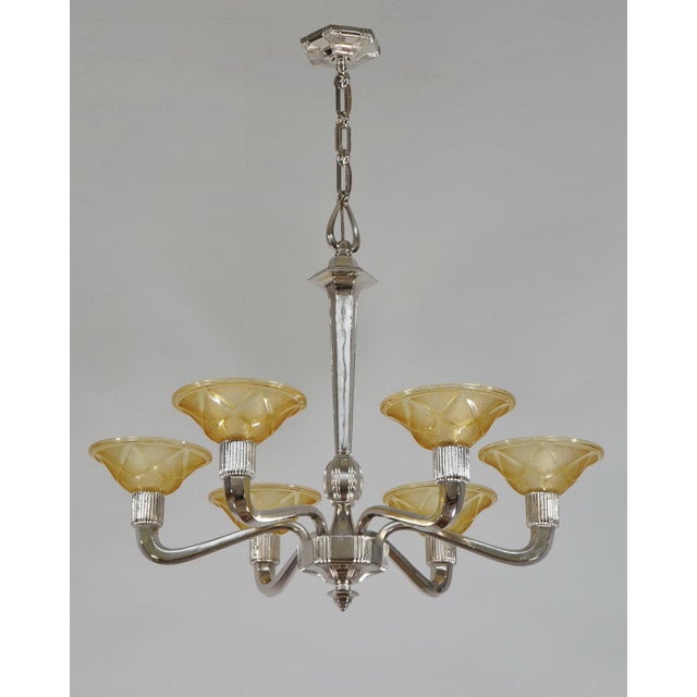 Art Deco Hanots French Art Deco 6-Arm Chandelier 1930s - Honey Amber Glass & Nickel For Sale - Image 3 of 13