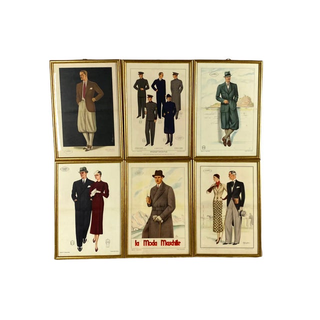 1930s "La Moda Maschile" Original Men and Women Fashion Prints, Framed - Set of 6 For Sale - Image 10 of 13