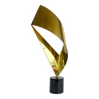 Vintage 1980's Curtis Jere Brass Ribbon Sculpture on a Marble Base For Sale