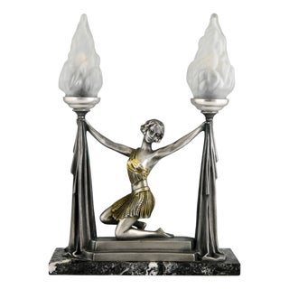 Art Deco Lamp Lady with Torches by Emile Carlier, 1930 For Sale