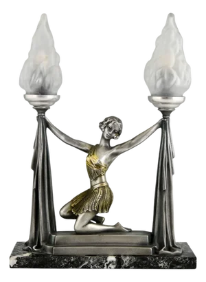 Art Deco Lamp Lady with Torches by Emile Carlier, 1930