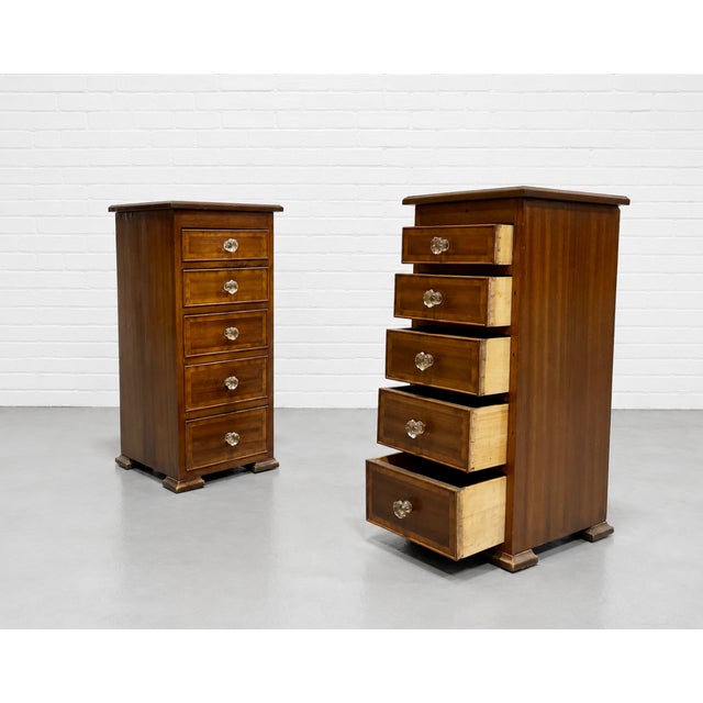 1910s Pair of Federal Style Narrow Mahogany Dressers | 1920's Skinny Nightstands Glass Knobs For Sale - Image 5 of 12