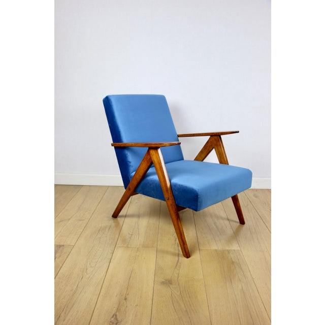 Vintage Blue Velvet VAR B-310 Chair in Dark Wood, 1960s For Sale - Image 9 of 11