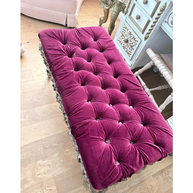 Hollywood Regency Antique Carved Giltwood Bench in Newly Upholstered Plum Velvet For Sale - Image 3 of 10