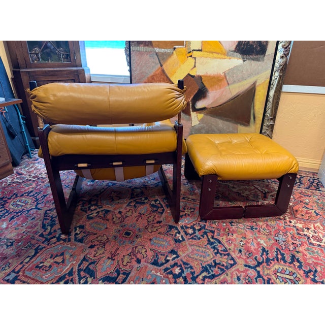 Wood Matching Lounge Chair and Ottoman by Percival Lafer, Mp-97, Brazilian Rosewood With Original Mustard Leather For Sale - Image 7 of 12