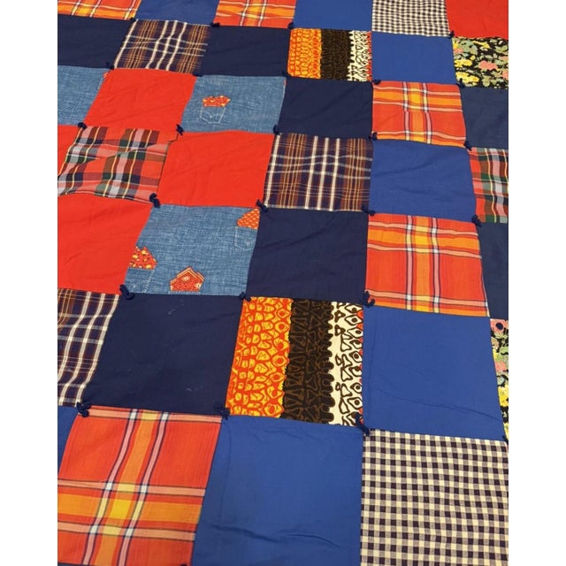 1970s Vintage 70s Handmade Tied Patchwork Quilt Navy Blue 96x73” Full For Sale - Image 5 of 6