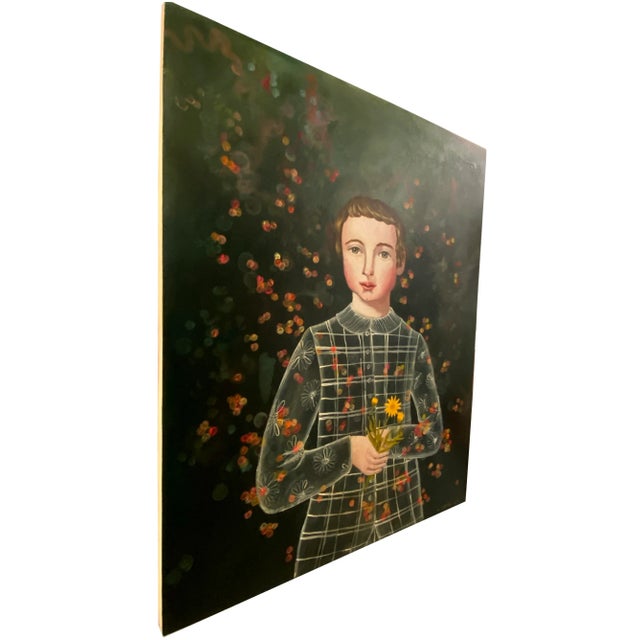 "boy with calendula" by anne siems, is a captivating figurative-narrative painting featuring a young child and a rabbit,...