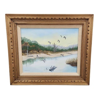 Signed Vintage Coastal Marsh Landscape Painting in Carved Gilt Wood Frame, 24x28 For Sale
