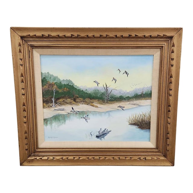 Signed Vintage Coastal Marsh Landscape Painting in Carved Gilt Wood Frame, 24x28 For Sale