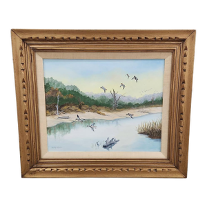 Signed Vintage Coastal Marsh Landscape Painting in Carved Gilt Wood Frame, 24x28