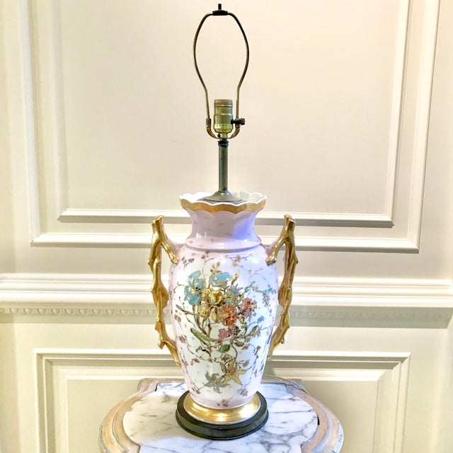 Antique Pink, White, Pastel Colored Urn Form Lamp, With Gold Highlights For Sale - Image 10 of 10