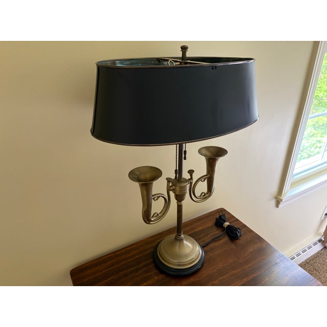 Mid 20th Century English Country Brass Horn Bouillotte Lamp With Black Tole Shade For Sale - Image 4 of 13
