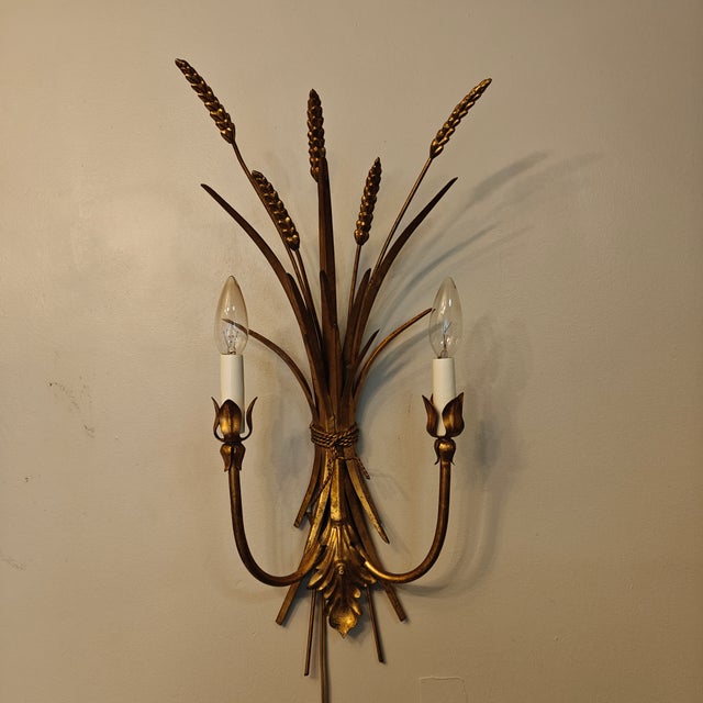 Italian Vintage Italian Gilt Gold Metal Sheaf of Wheat Electric Candle Wall Sconce For Sale - Image 3 of 10
