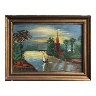 Antique Folk Art Primitive Landscape With Church and Sailboats by Arthur Hanscom (Oil on Tin) For Sale