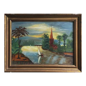 Antique Folk Art Primitive Landscape With Church and Sailboats by Arthur Hanscom (Oil on Tin)