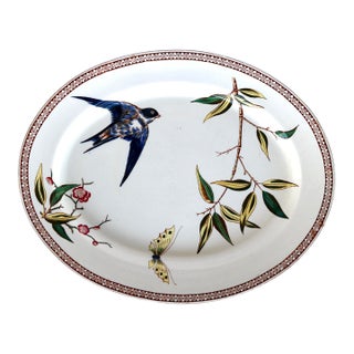 1881 Antique j.f. Wileman Staffordshire "Swallow" Polychrome Transferware Oval Platter - 16.25" For Sale