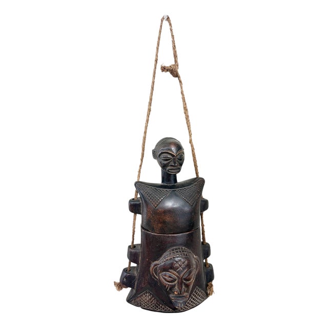 Vintage Tribal African Luba Congolese Female Sculpture Carved Box 21.5" H For Sale