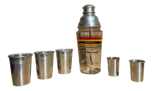 1950s Mid-Century Modern Retro Stripped Cocktail Shaker Set- 6 Pieces