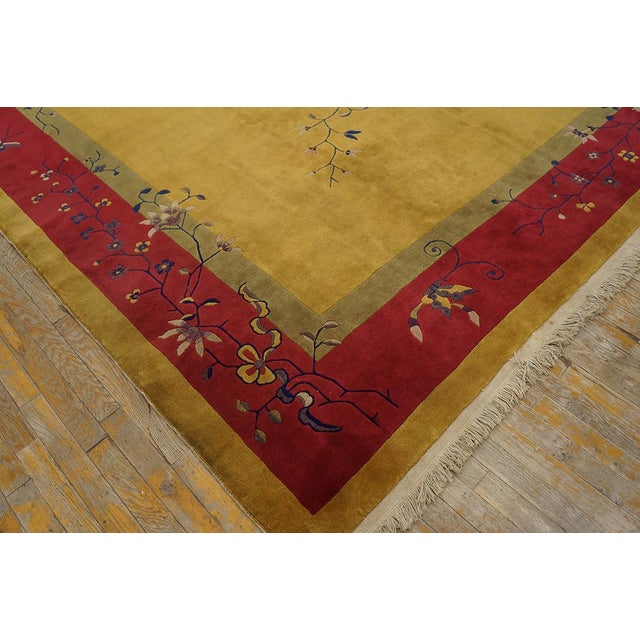 Surprising Saffron Background and Red-Raspebery Border With Tiny Sprays Floral Design Antique Chinese Art Deco Rug For Sale - Image 11 of 12