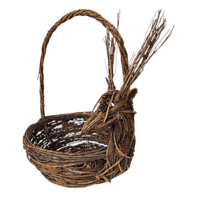Vintage Natural Vine and Pinecones Stag Deer Basket For Sale