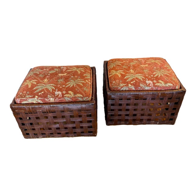 Late 20th Century Kincaid Woven Wicker Ottomans Lee Jofa Jungle Upholstery Cushions, a Pair For Sale