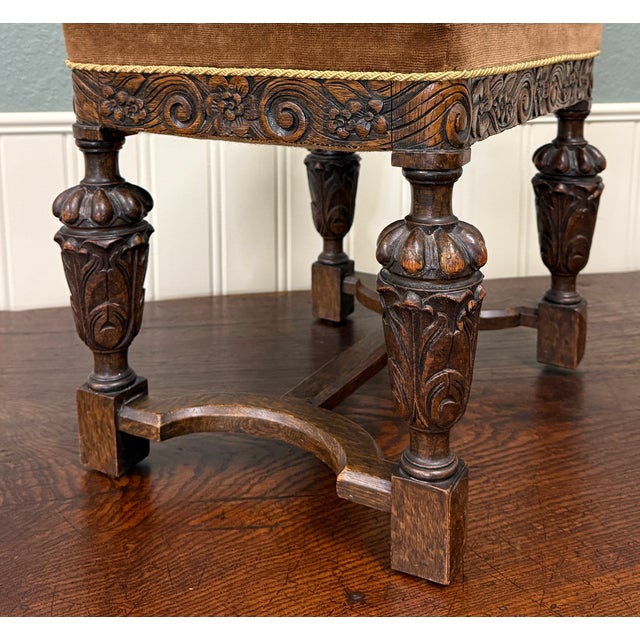 Antique English Jacobean Upholstered Bench Stool Carved Oak C. 1930s For Sale - Image 14 of 16