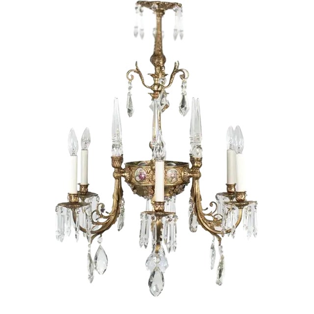 Early 20th Century French Rococo Revival Six Arm Gilt Bronze and Crystal Chandelier With Porcelain Plaques For Sale