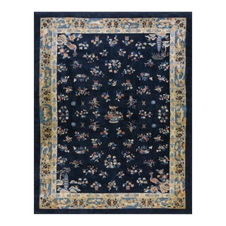 1920s Blue Navy Floral Classic Antique Chinese Peking Carpet Knotted Wool Rug For Sale