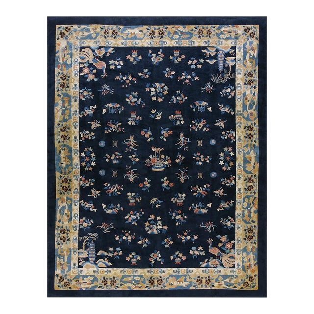 1920s Blue Navy Floral Classic Antique Chinese Peking Carpet Knotted Wool Rug For Sale