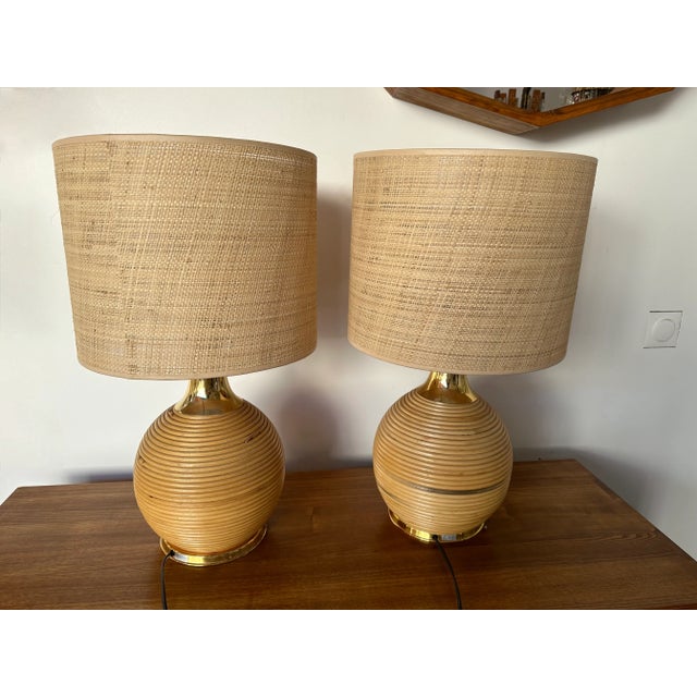 Pair of Rattan and Brass Lamps. Italy, 1970s For Sale - Image 9 of 12