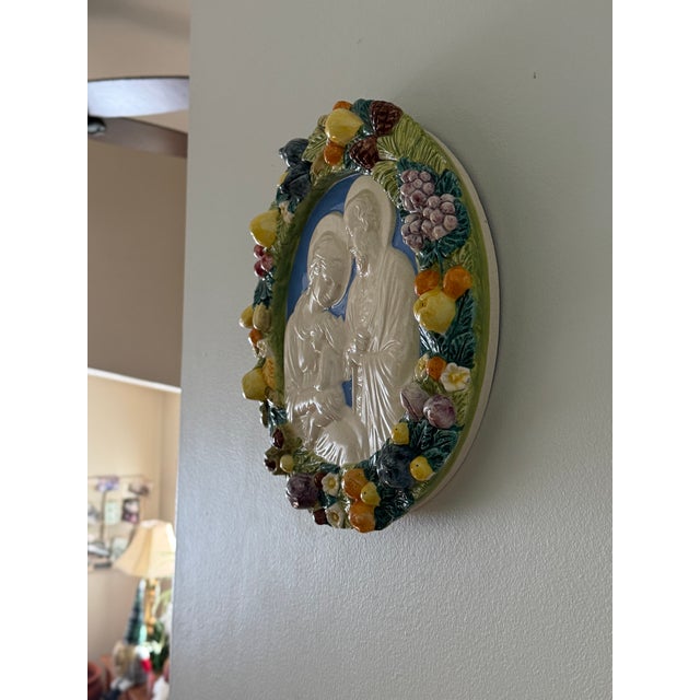 Vintage Italian Majolica Pottery Della Robbia Style Wall Plaque For Sale - Image 15 of 15