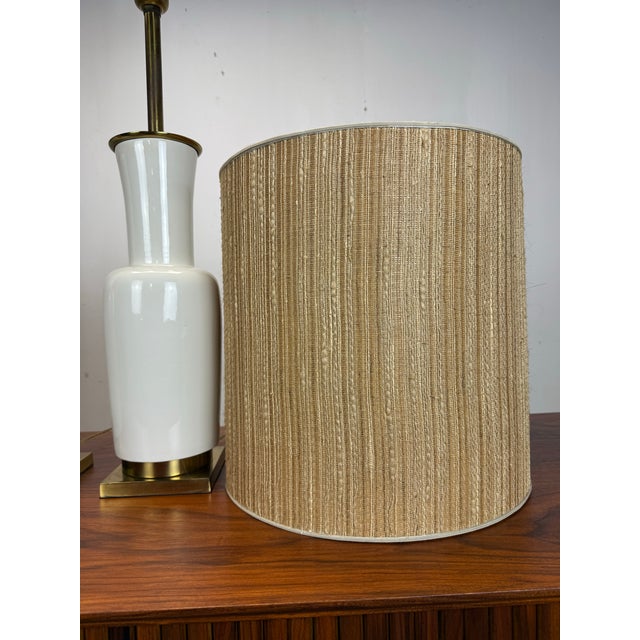 White Tall Mid Century Modern Brass & White Ceramic Table Lamps Attributed to Stiffel For Sale - Image 8 of 12