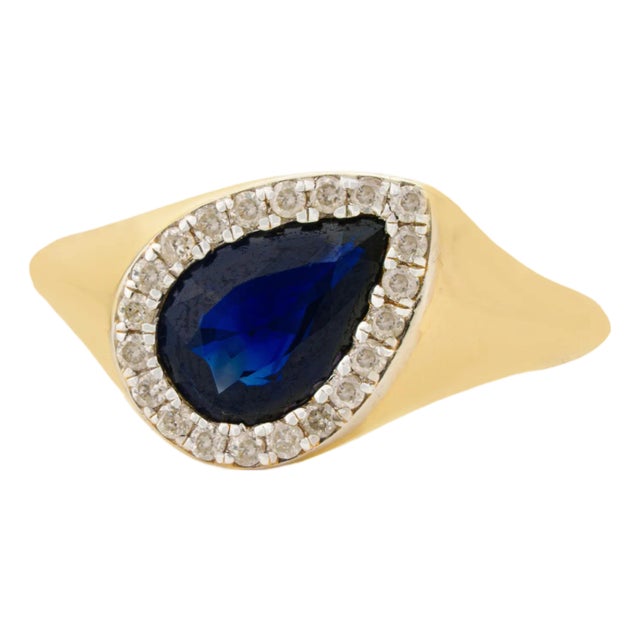 Vintage 1.5ct Pear Cut Blue Sapphire Diamond Ring 14k Yellow Gold Size 7 For Sale