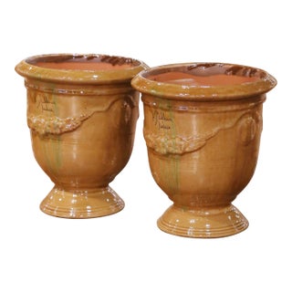 Pair of French Anduze Terracotta Planters in Ochre Glaze Signed La Madeleine For Sale