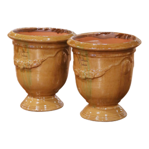 Pair of French Anduze Terracotta Planters in Ochre Glaze Signed La Madeleine