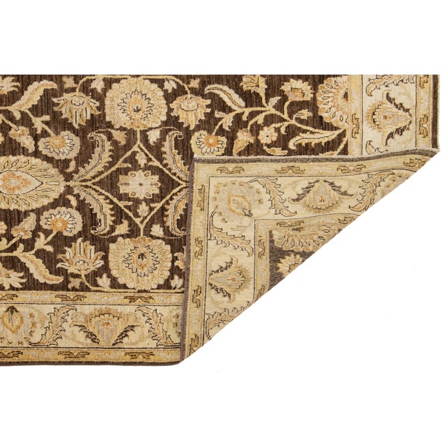 Modern Modern Peshawar Handmade Brown Floral Wool Runner For Sale - Image 3 of 12