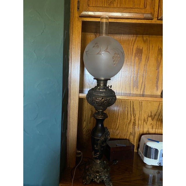 1940s French Victorian Electrified Oil Lamp With Etched Hand Blown Globe and Clear Chimney With Brass Base For Sale - Image 9 of 9