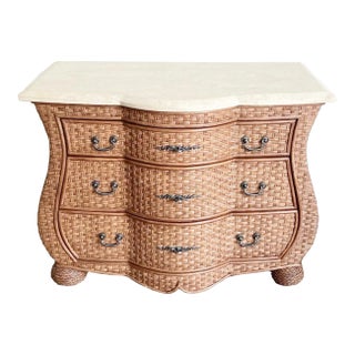 Boho Chic Wicker Tessellated Stone Top Chest of Drawers For Sale