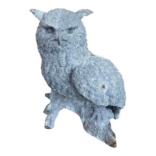 Vintage Cast Iron Owl Garden Sculpture on Natural Branch Base For Sale