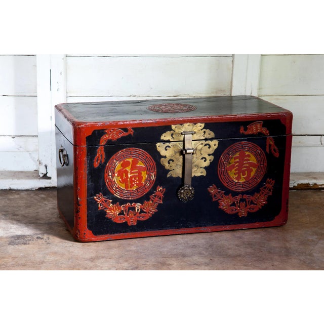 Black Antique Chinese Red Black Lacquered Trunk For Sale - Image 8 of 8