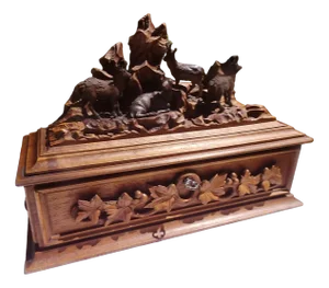 Antique Black Forest Wooden Jewelry Box with Carving of Mountain Goat