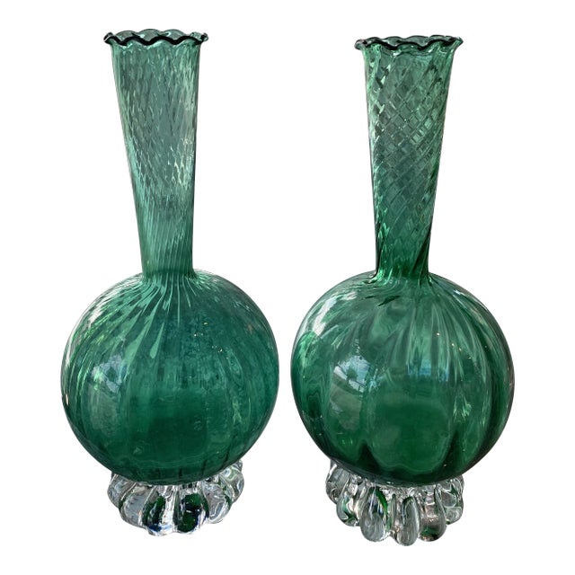 Vintage Murano Emerald Glass Bud Vases -A Pair For Sale