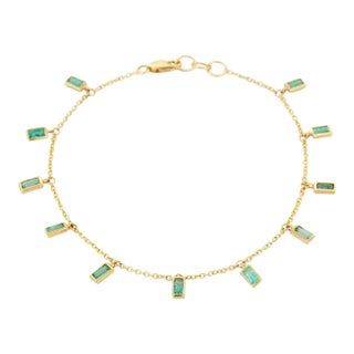Natural Baguette Cut Emerald Dangling Charm Bracelet in 18k Solid Yellow Gold For Sale