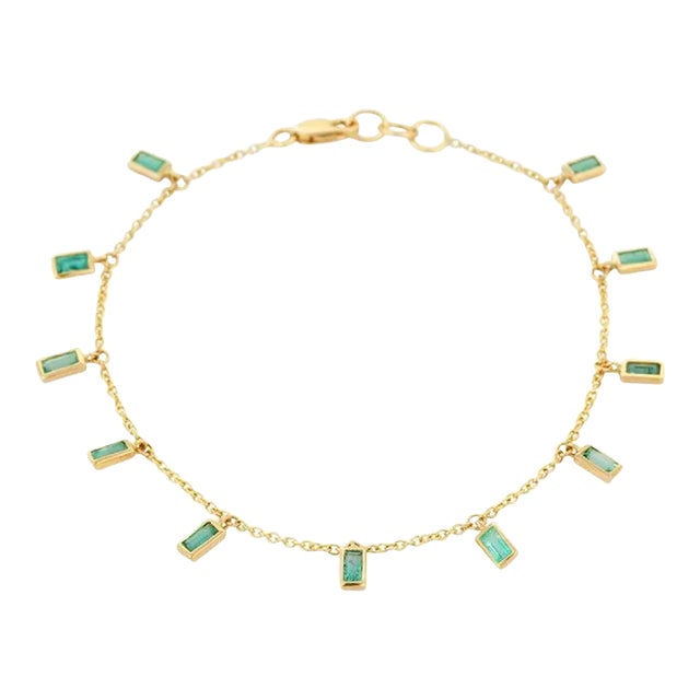 Natural Baguette Cut Emerald Dangling Charm Bracelet in 18k Solid Yellow Gold For Sale