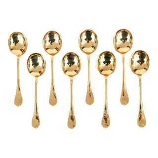 Set of 8 Late 20th Century Christofle Vermeil Marly Cream Soup Spoons For Sale