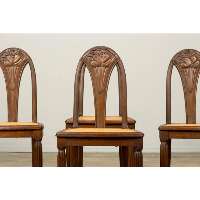 Art Deco 1930s Set of Six French Art Deco Carved Maple & Cane Dining Chairs For Sale - Image 3 of 18